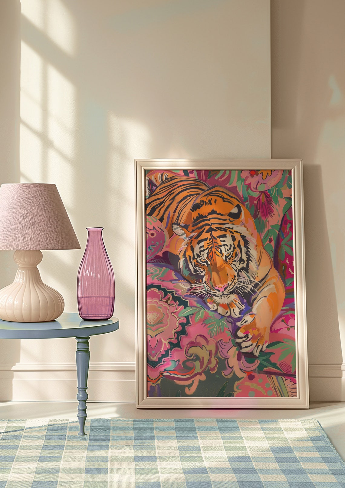 Orange Tiger Resting Among Pink Flowers Maximalist Art Print - Image 9