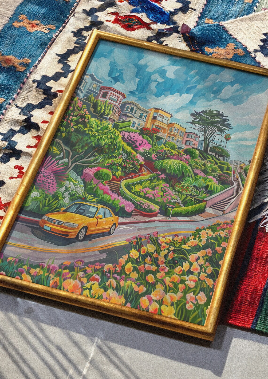 Colorful Winding Hillside City Street with a Yellow Taxi Poster - Image 5