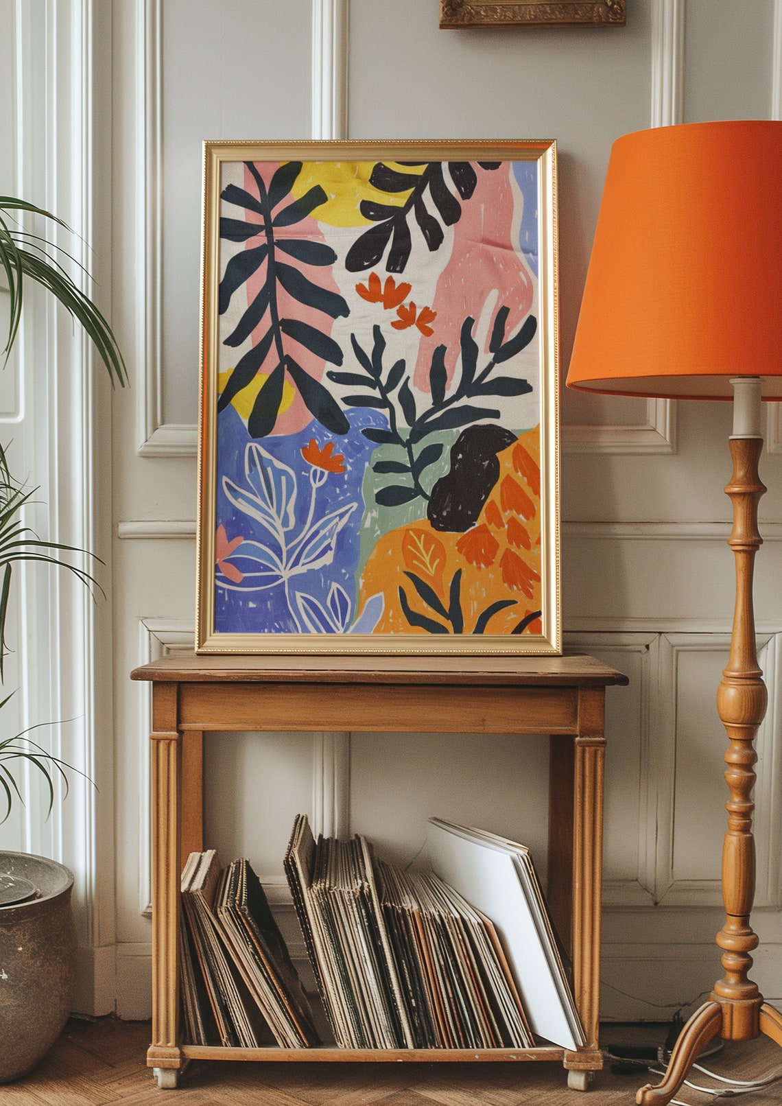 Tropical Leaves Black Fronds Orange Blooms Abstract Wall Art - Image 2