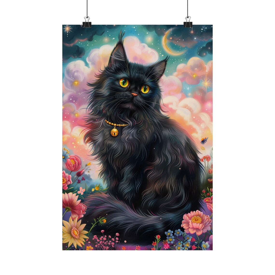 Sweet Fluffy Black Cat with Golden Eyes Among Night Flowers Poster - Image 7