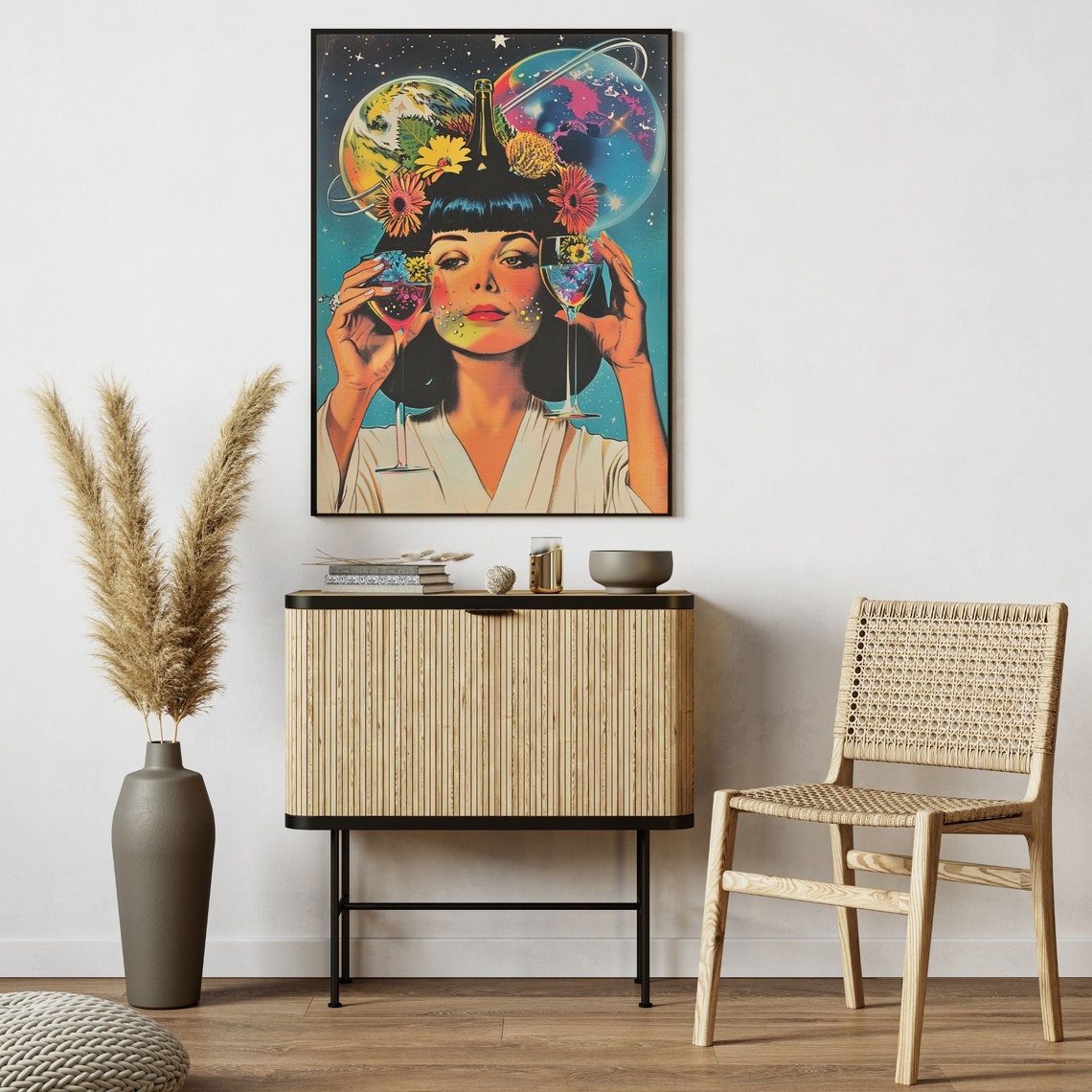 Cosmic Wine Woman Retro Futurism Planets Teal Surreal Bar Poster - Image 5