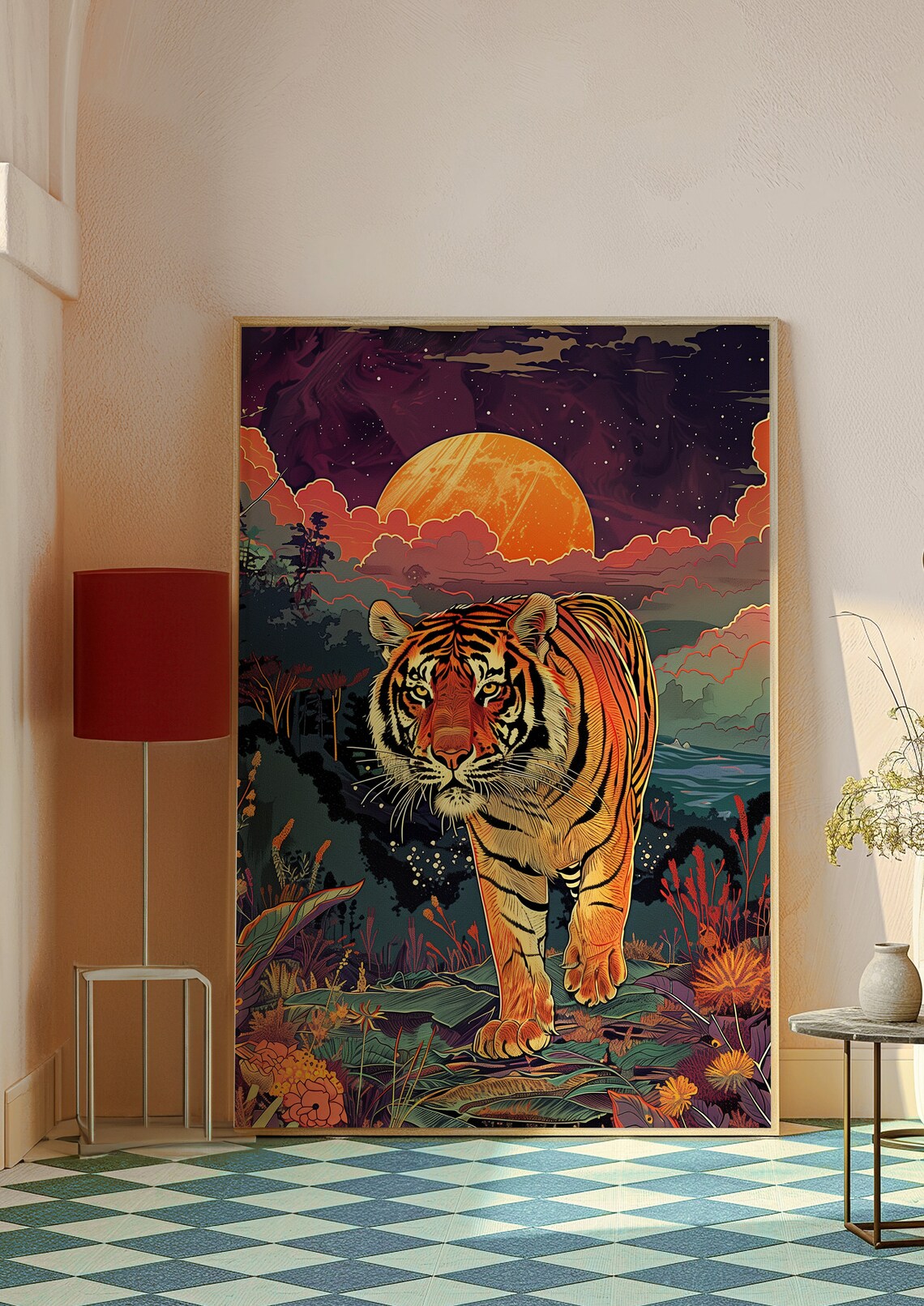 Tiger Walking Through Jungle At Sunset Poster With Golden Sun - Image 6