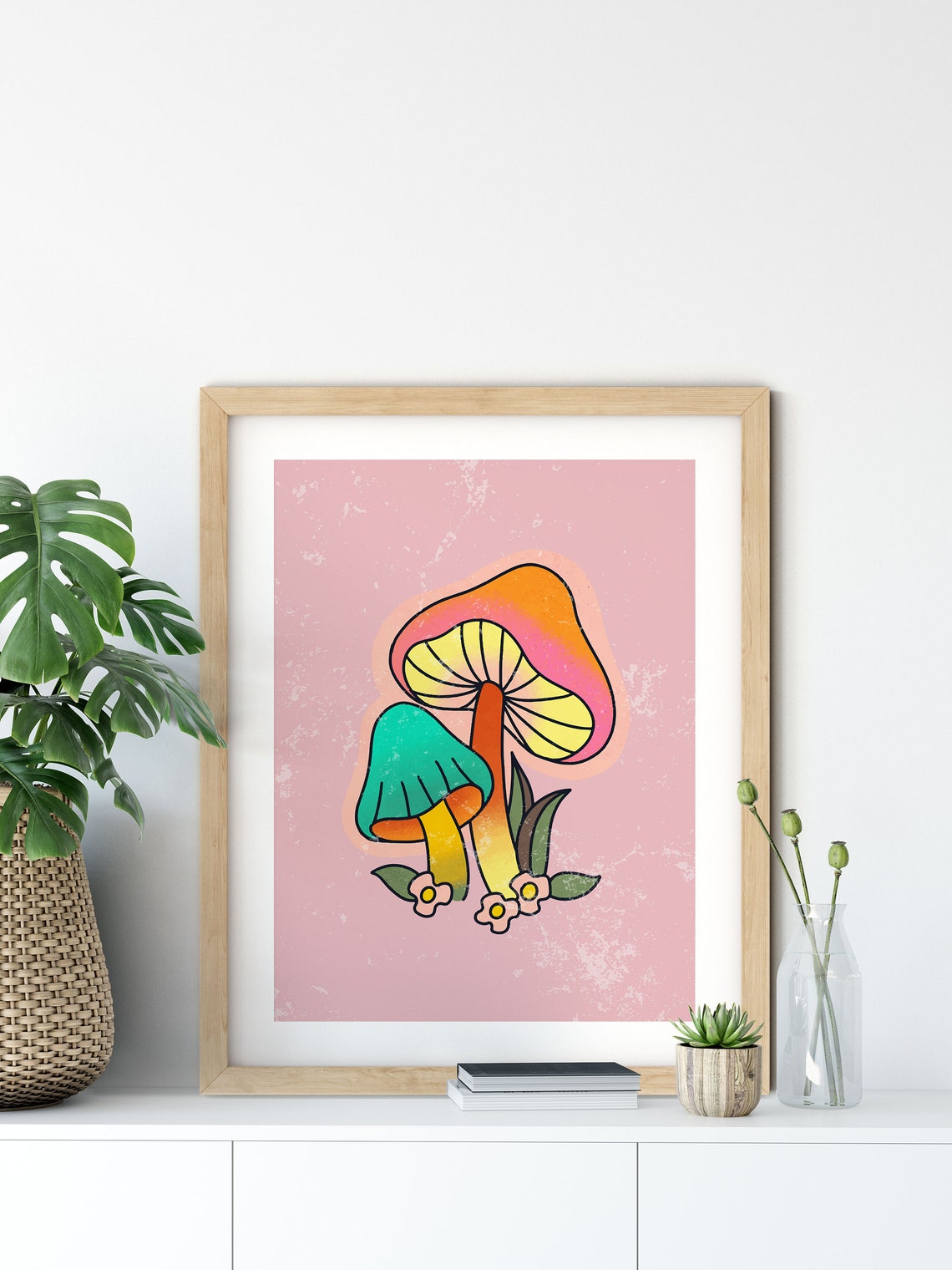 Colorful Retro Mushrooms Hippie Psychedelic Pink 70s Art Poster - Image 2