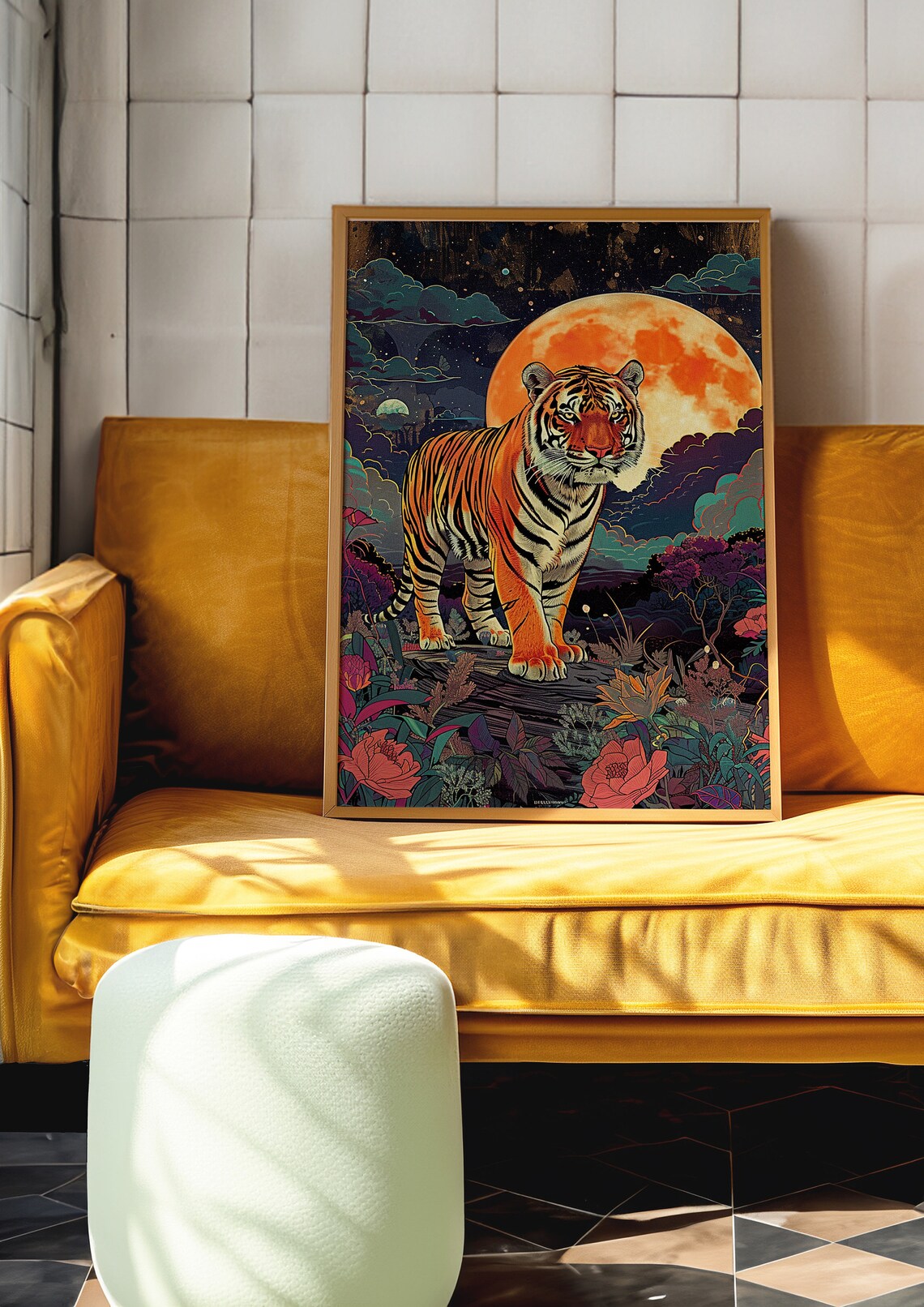 Tiger Standing Under Giant Moon Poster In Night Jungle Garden - Image 9