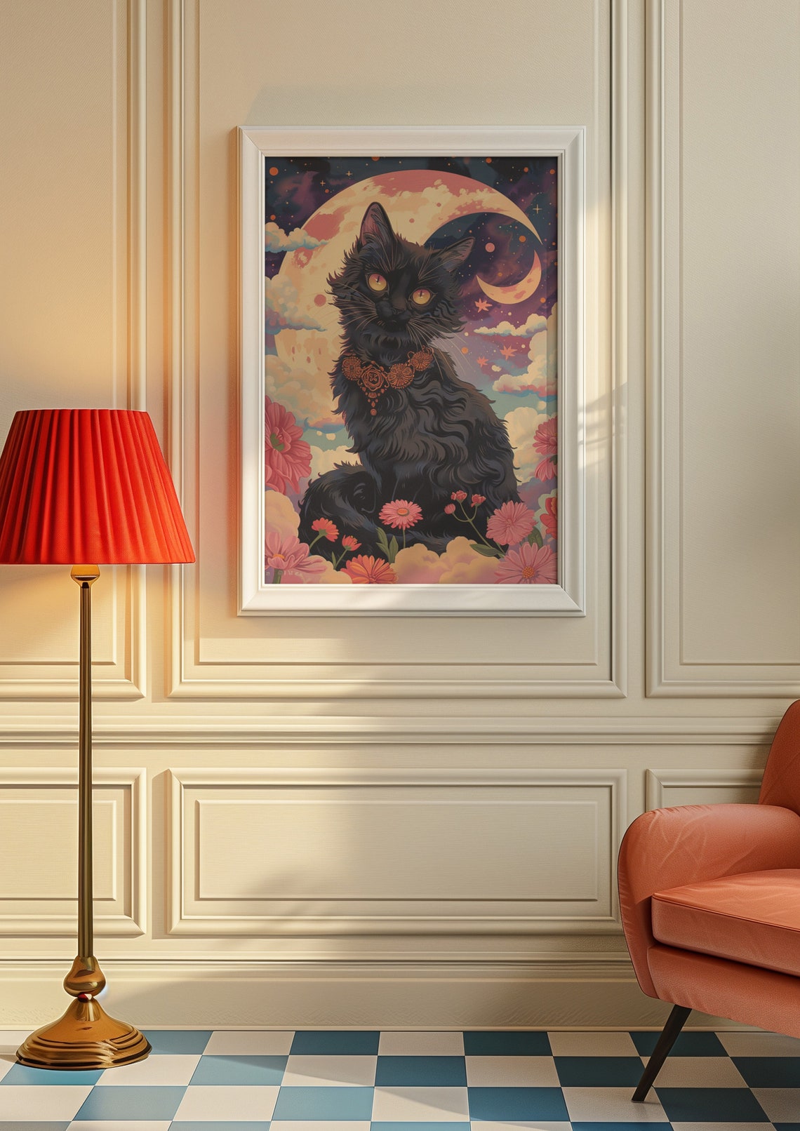 Mystical Black Cat Moonlit Sky Floral Fantasy Animal Wall Art - Image 8