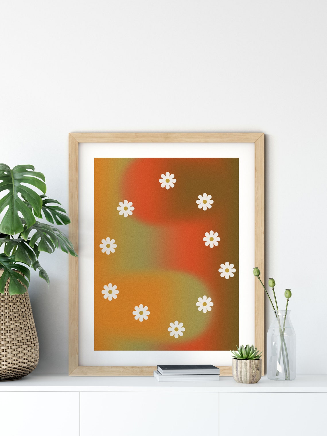 Orange Gradient Wash White Daisy Flower Minimalist Boho Art Poster - Image 9