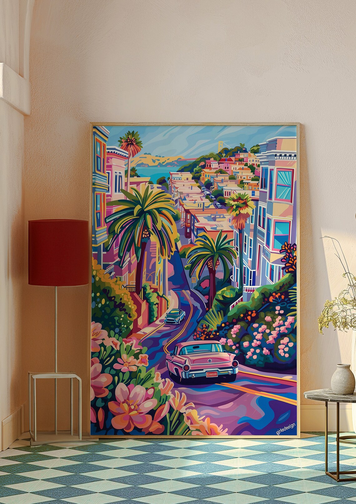 San Francisco Hillside Drive Classic Car Vibrant Sunset Travel Poster - Image 2