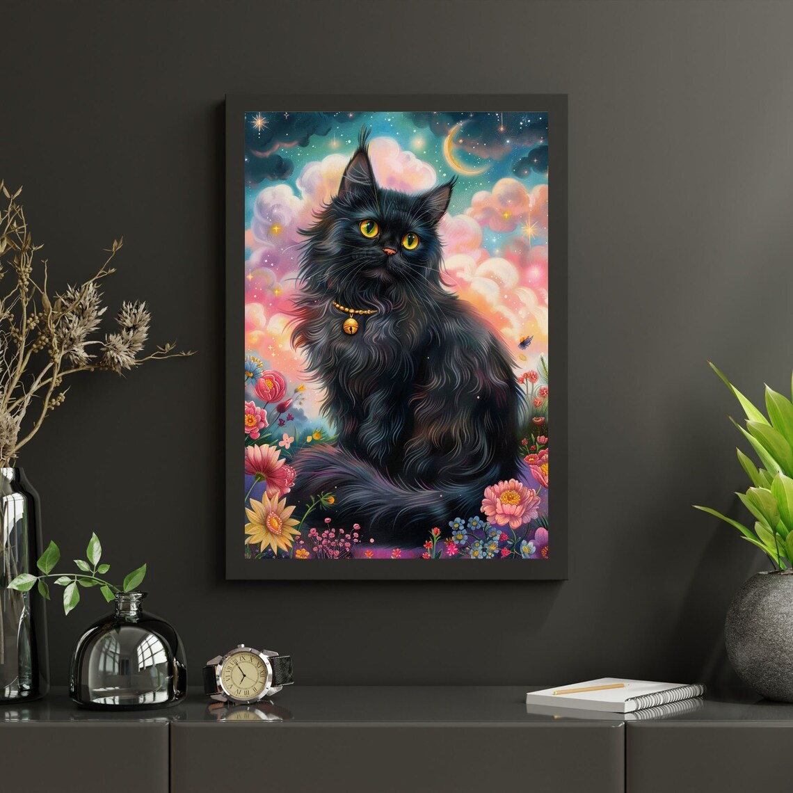 Dreamy Black Cat Fantasy Poster With Flowers Under Cosmic Night Sky - Image 4
