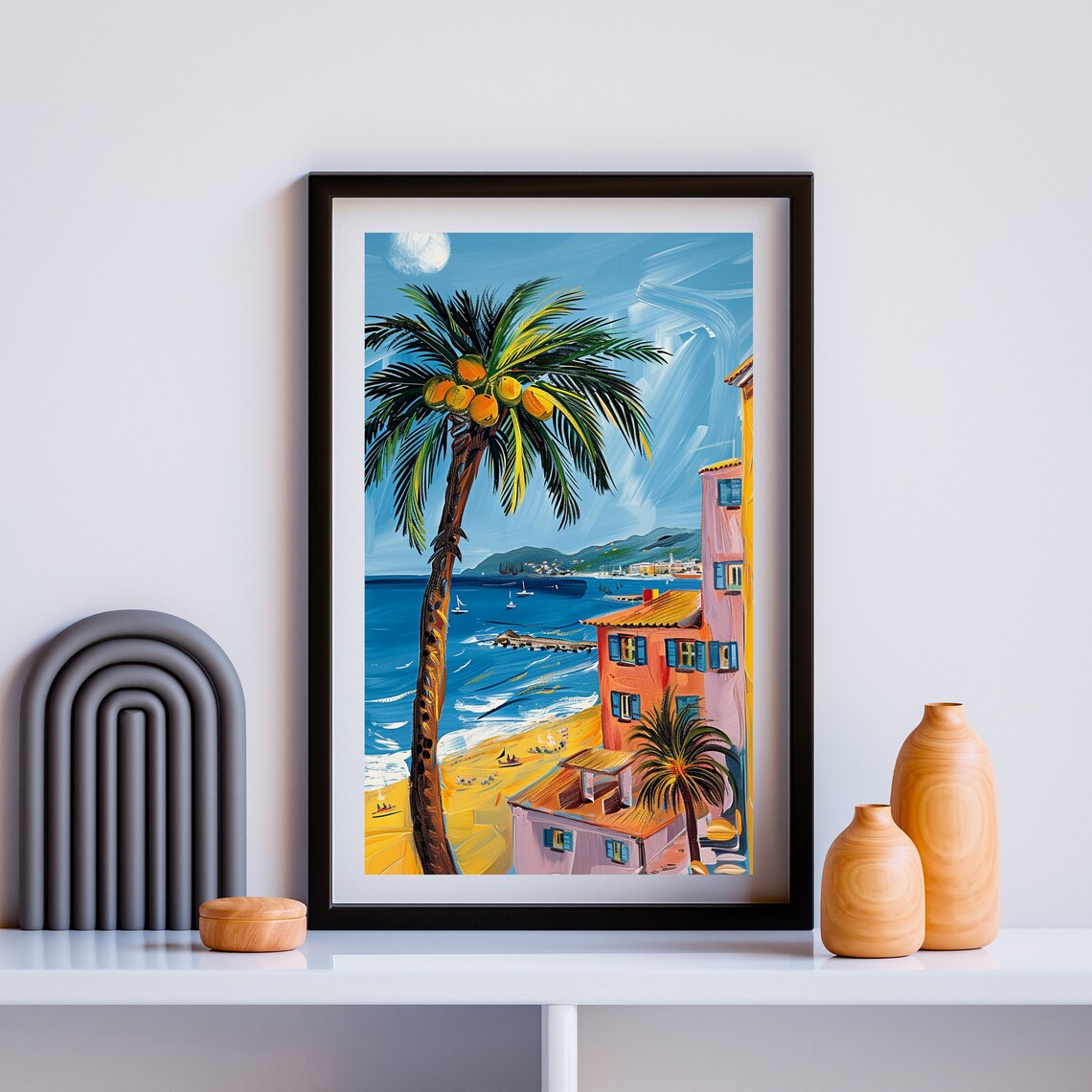 Tall Palm Tree Overlooking a Colorful Beach and Sailboats Poster - Image 2