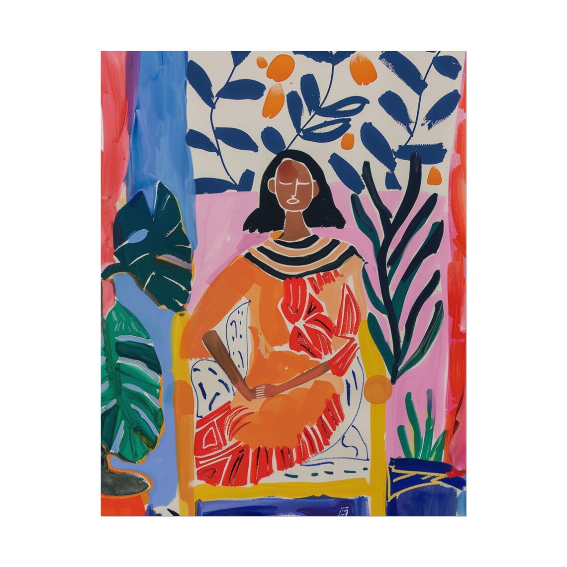 Seated Woman in Orange Dress With Plants Folk Art Portrait Poster - Image 3