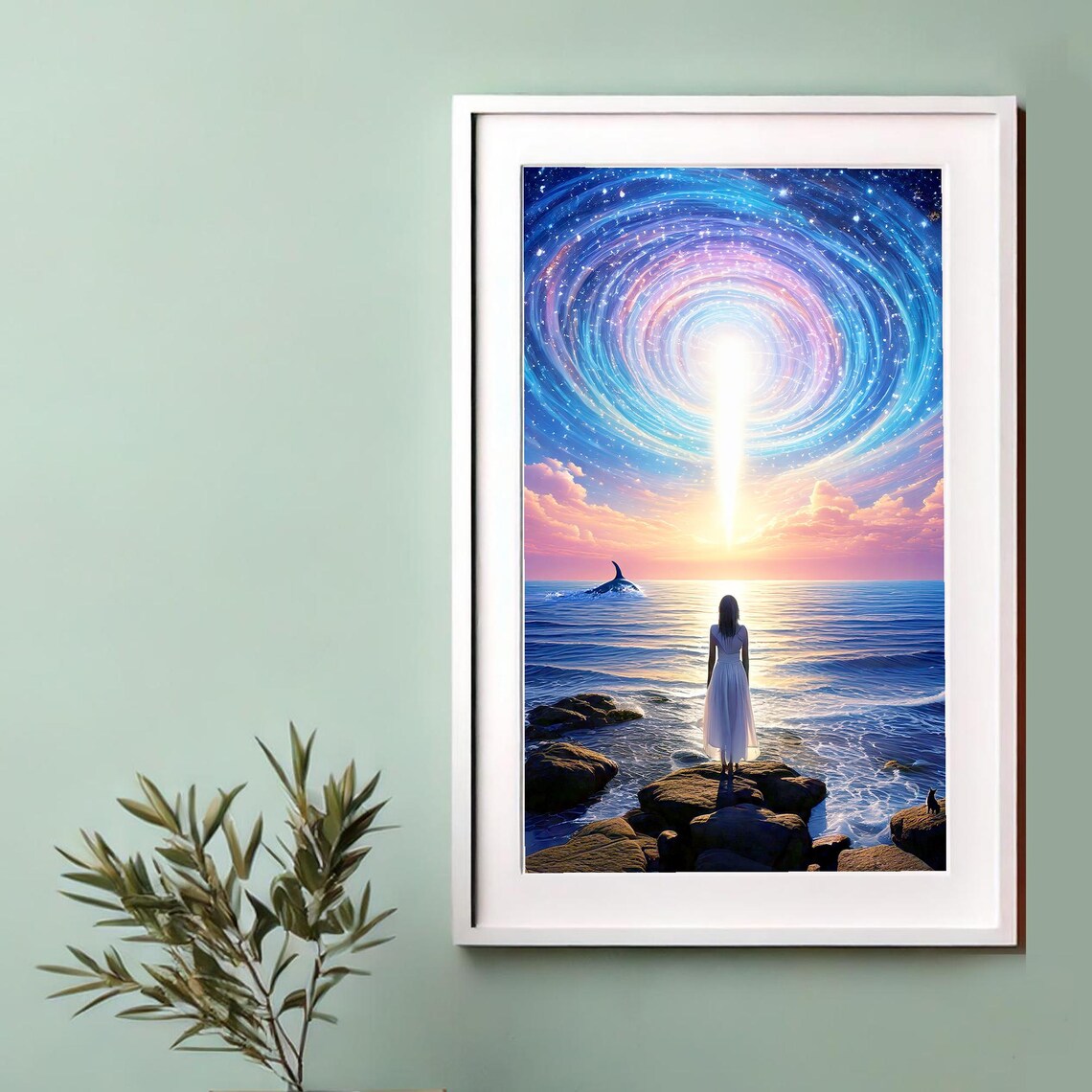 Woman Gazing at a Cosmic Spiral Vortex Over the Ocean Poster - Image 2