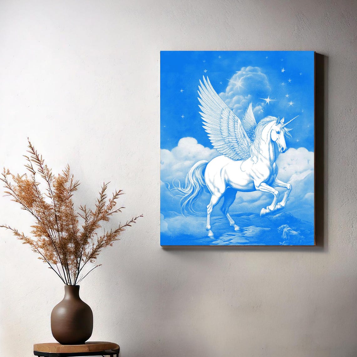 Majestic White Winged Unicorn in Starry Blue Sky Fantasy Poster - Image 2