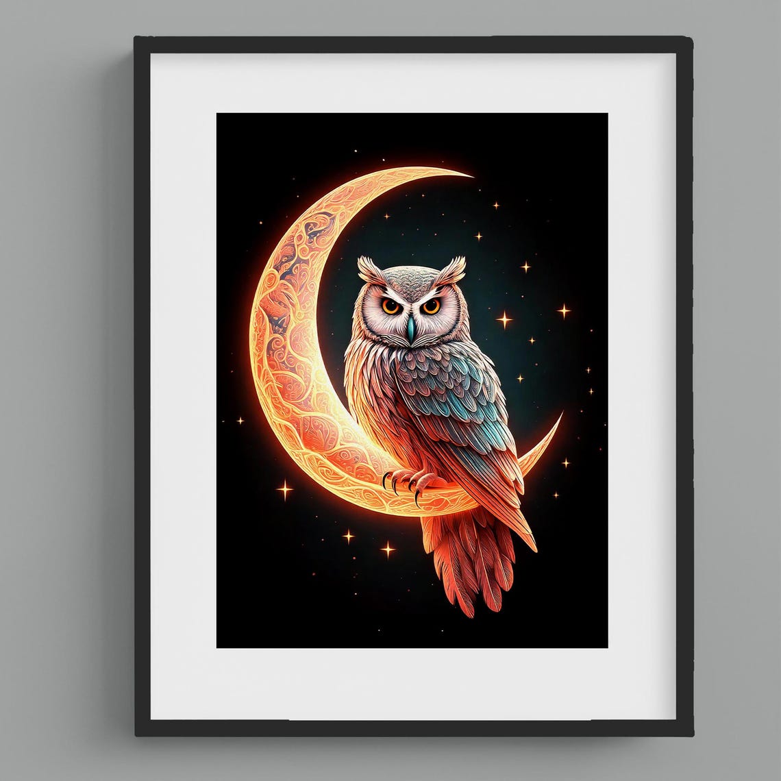 Mystical Owl on Glowing Crescent Moon Starry Night Fantasy Art Poster - Image 2