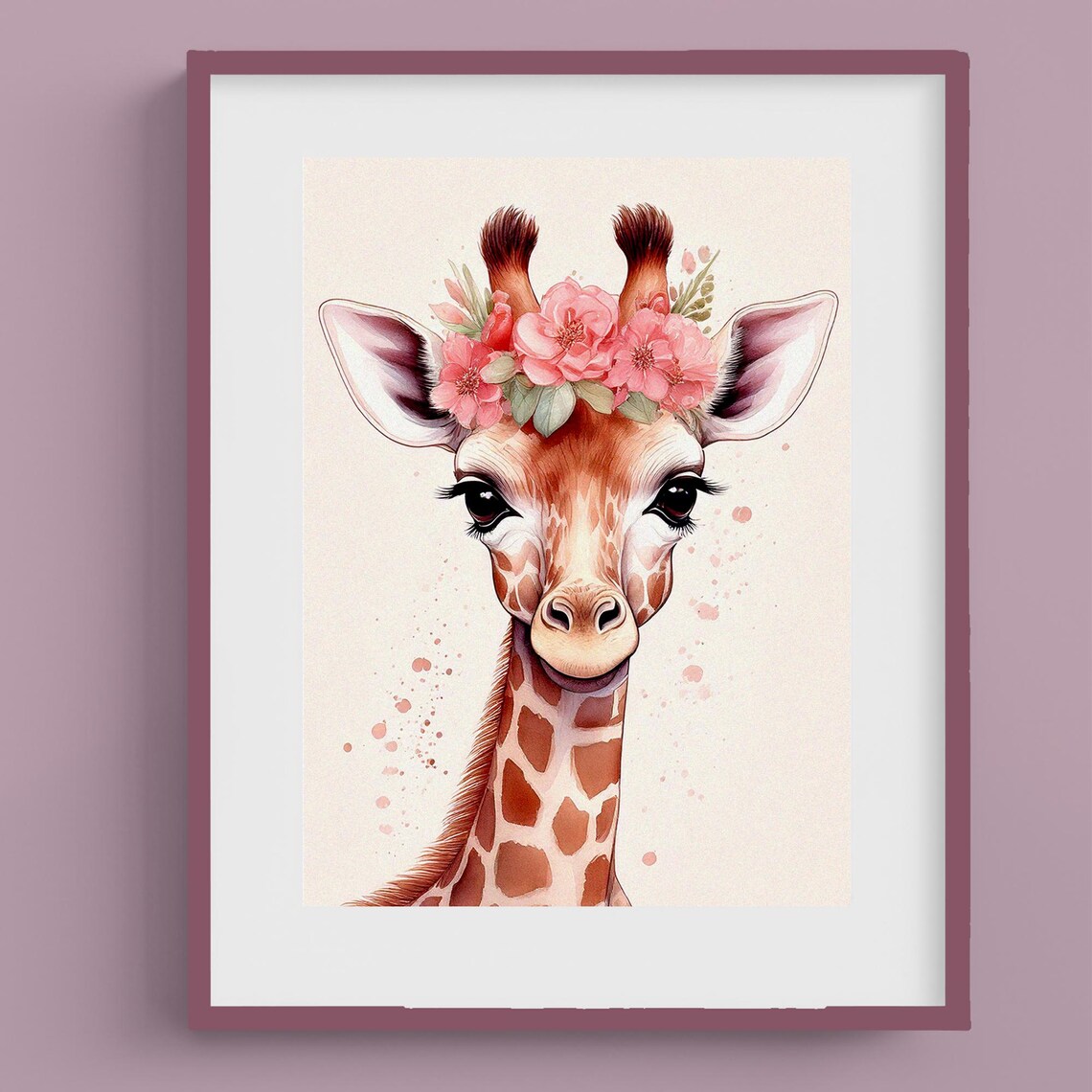Baby Giraffe With Pink Flower Crown Watercolor Nursery Poster - Image 2