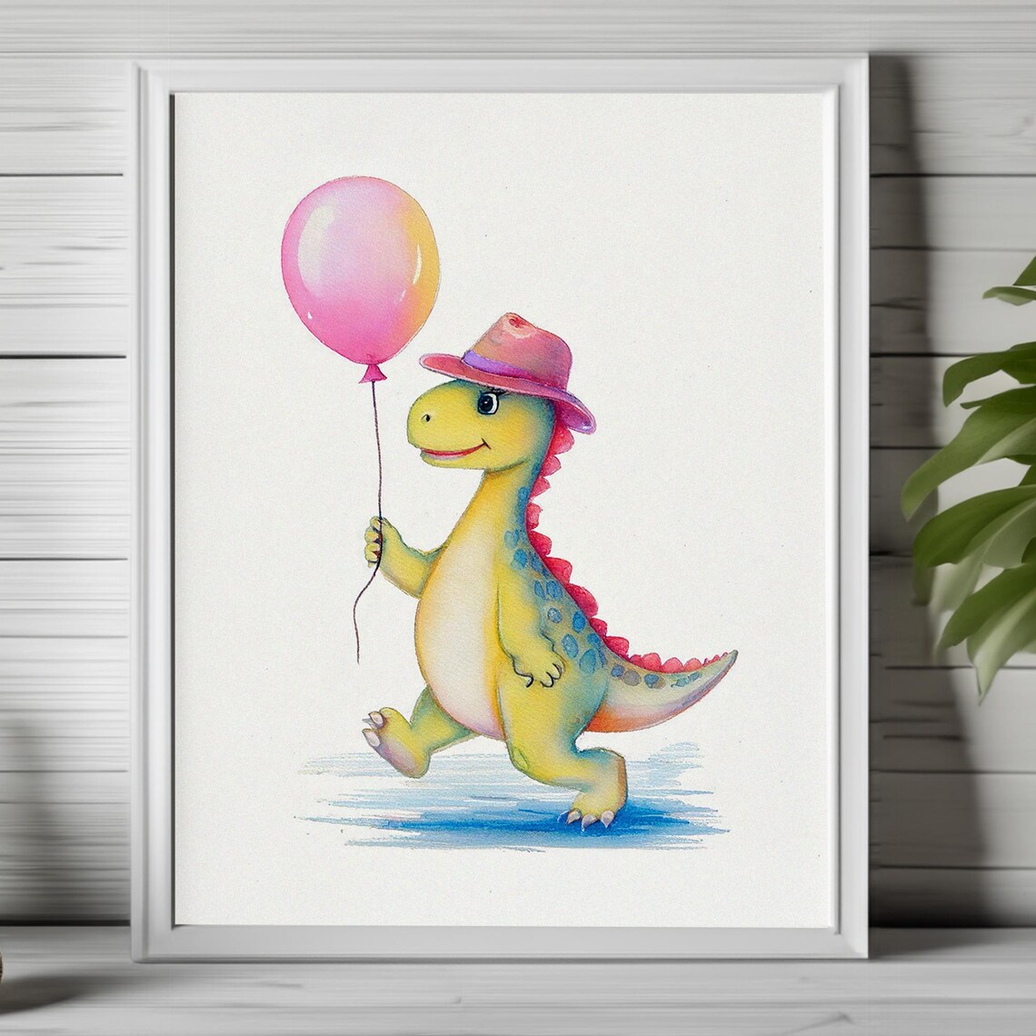Cute Baby Dinosaur in Pink Hat with Balloon Nursery Watercolor Poster