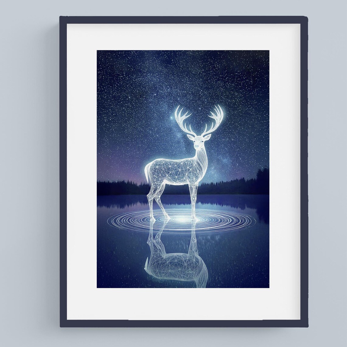 Glowing Geometric Deer by Moonlit Lake Starry Night Spirit Art Poster - Image 2