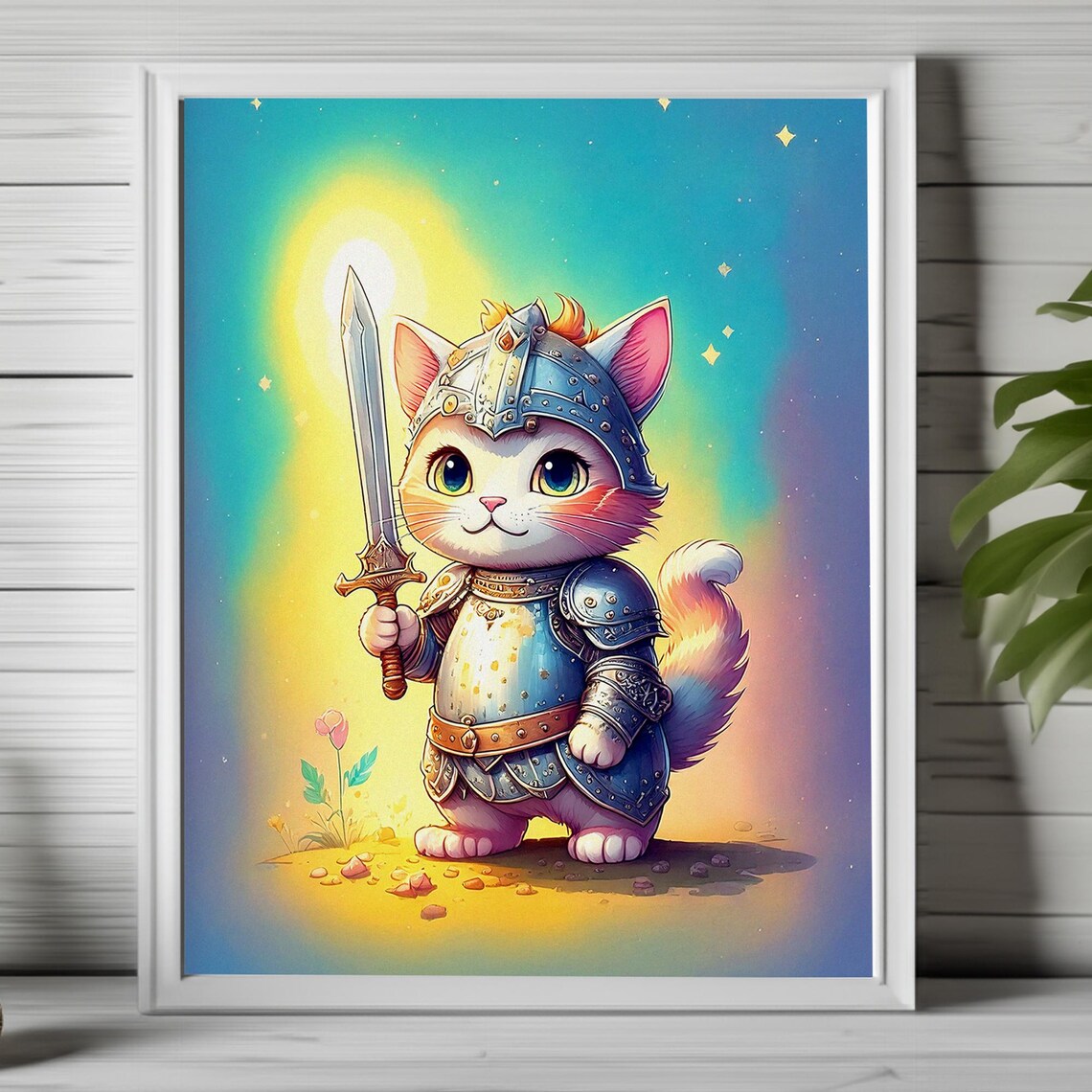 Cute Knight Cat with Sword in Armor Fantasy Whimsical Art Poster