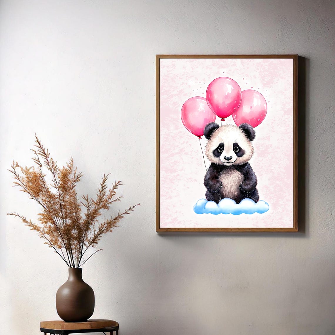 Cute Baby Panda with Pink Balloons Floating Cloud Nursery Art Poster - Image 2