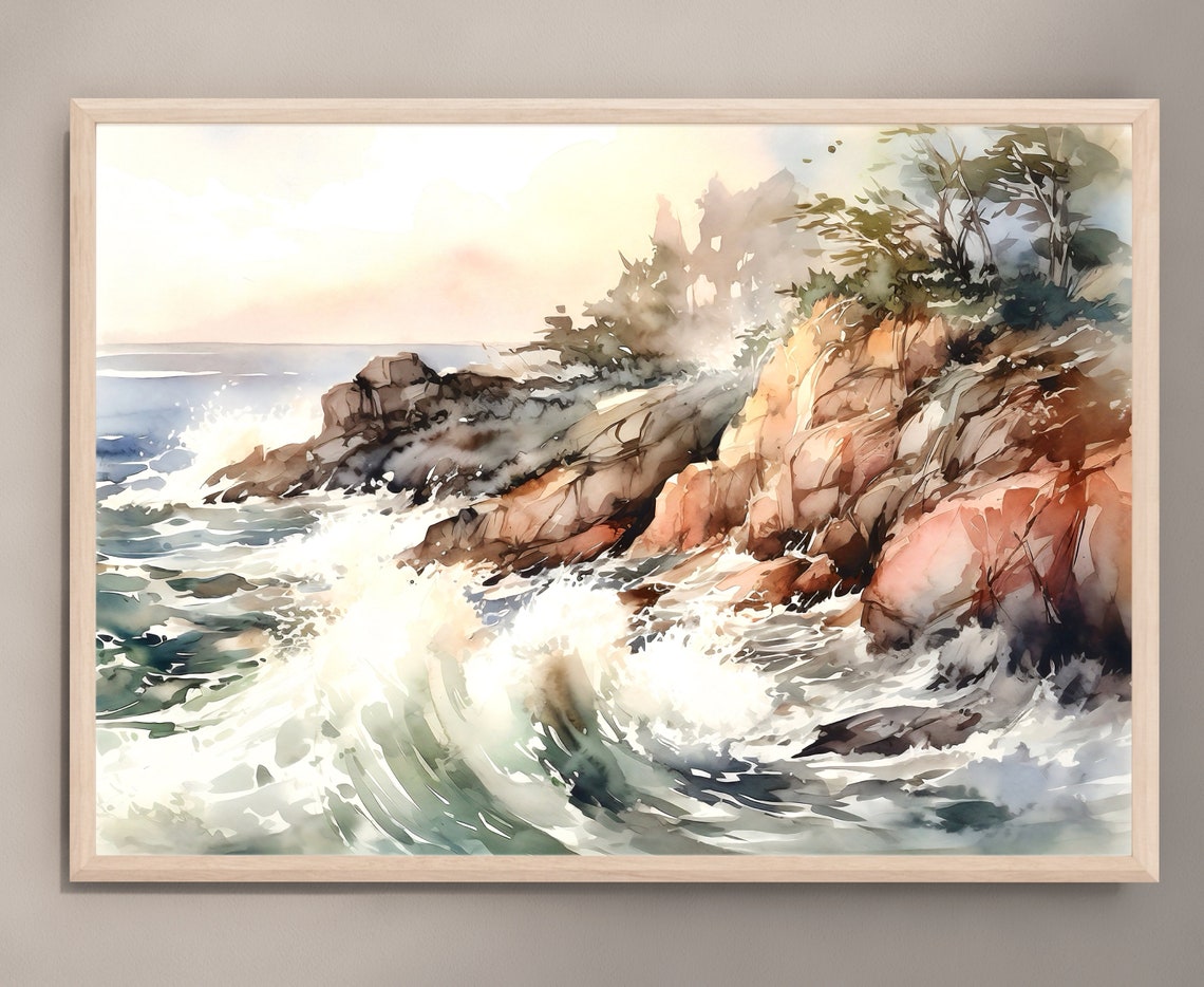 Ocean Waves Crashing Watercolor with Rocky Cliffs and Trees Poster - Image 2