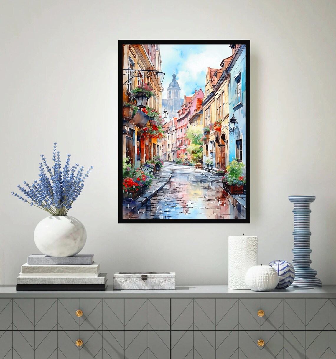 European Old Town Cobblestone Street Colorful Houses Watercolor Poster - Image 2