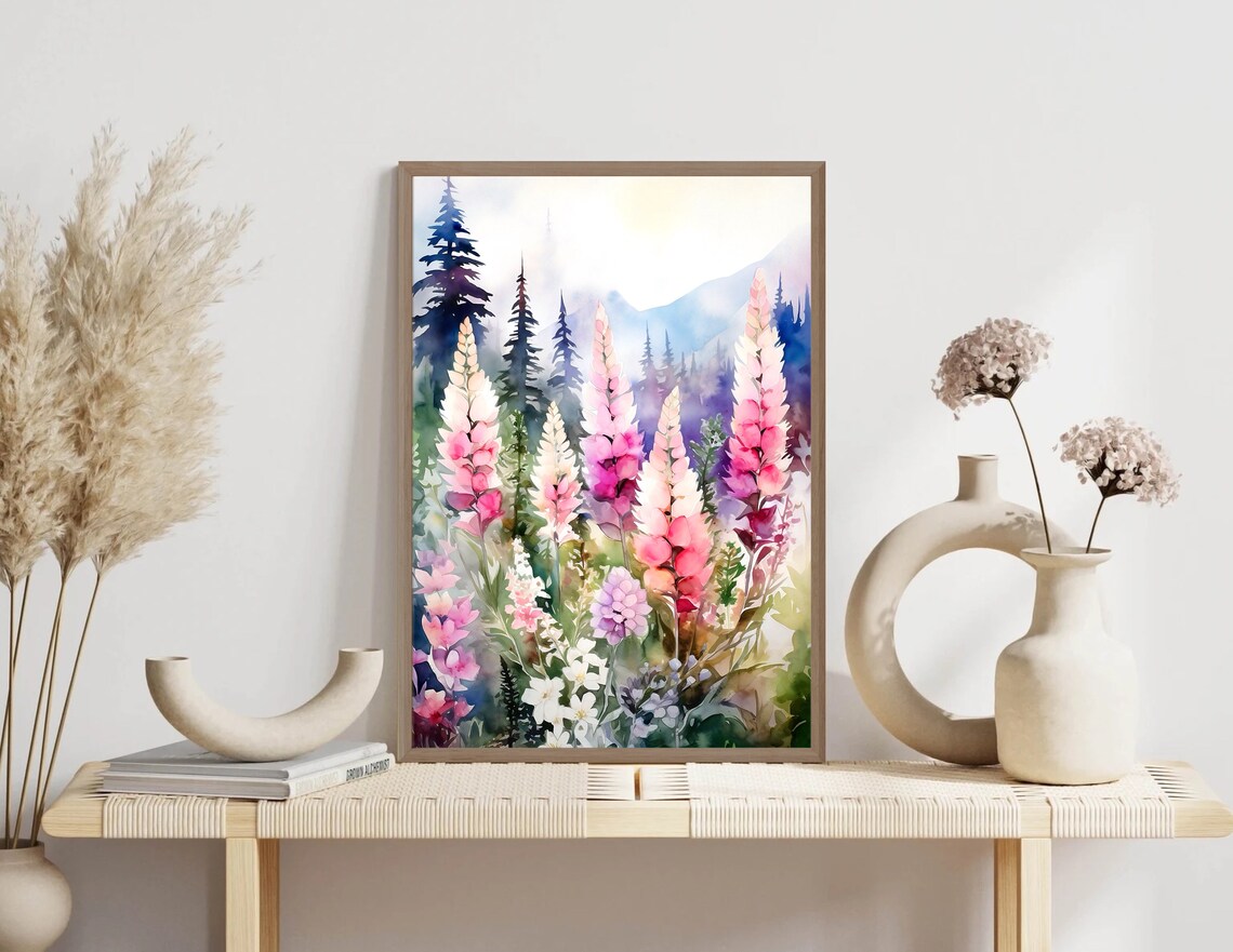 Pink Lupines Wildflowers Mountain Forest Watercolor Landscape Poster - Image 2
