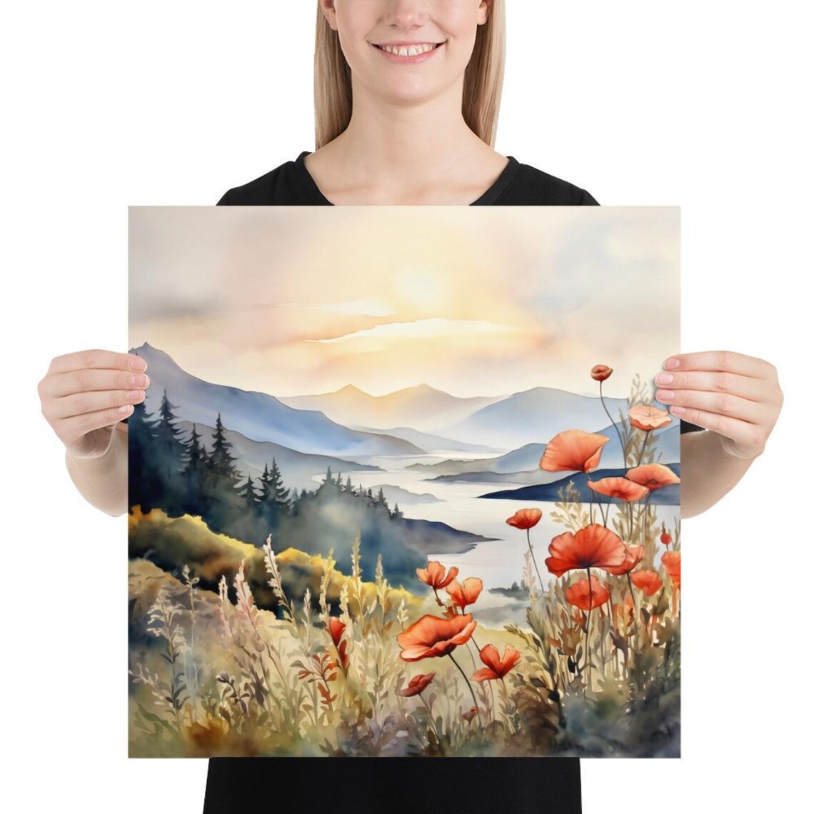 Red Poppies Overlooking Mountain Lake at Sunset Watercolor Poster - Image 5