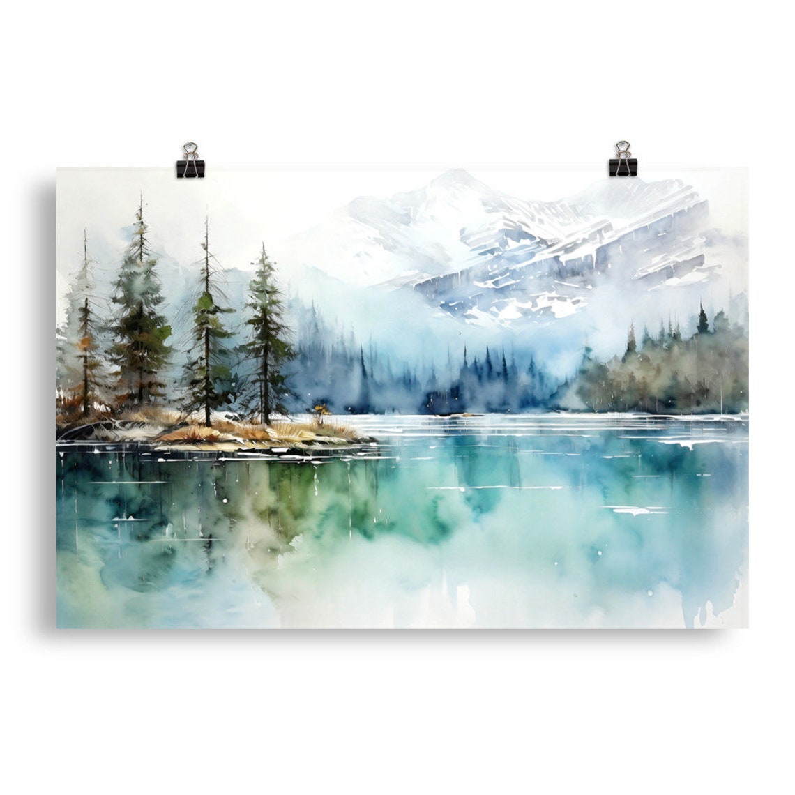 Misty Mountain Lake Snowy Peaks Pine Island Watercolor Poster - Image 4