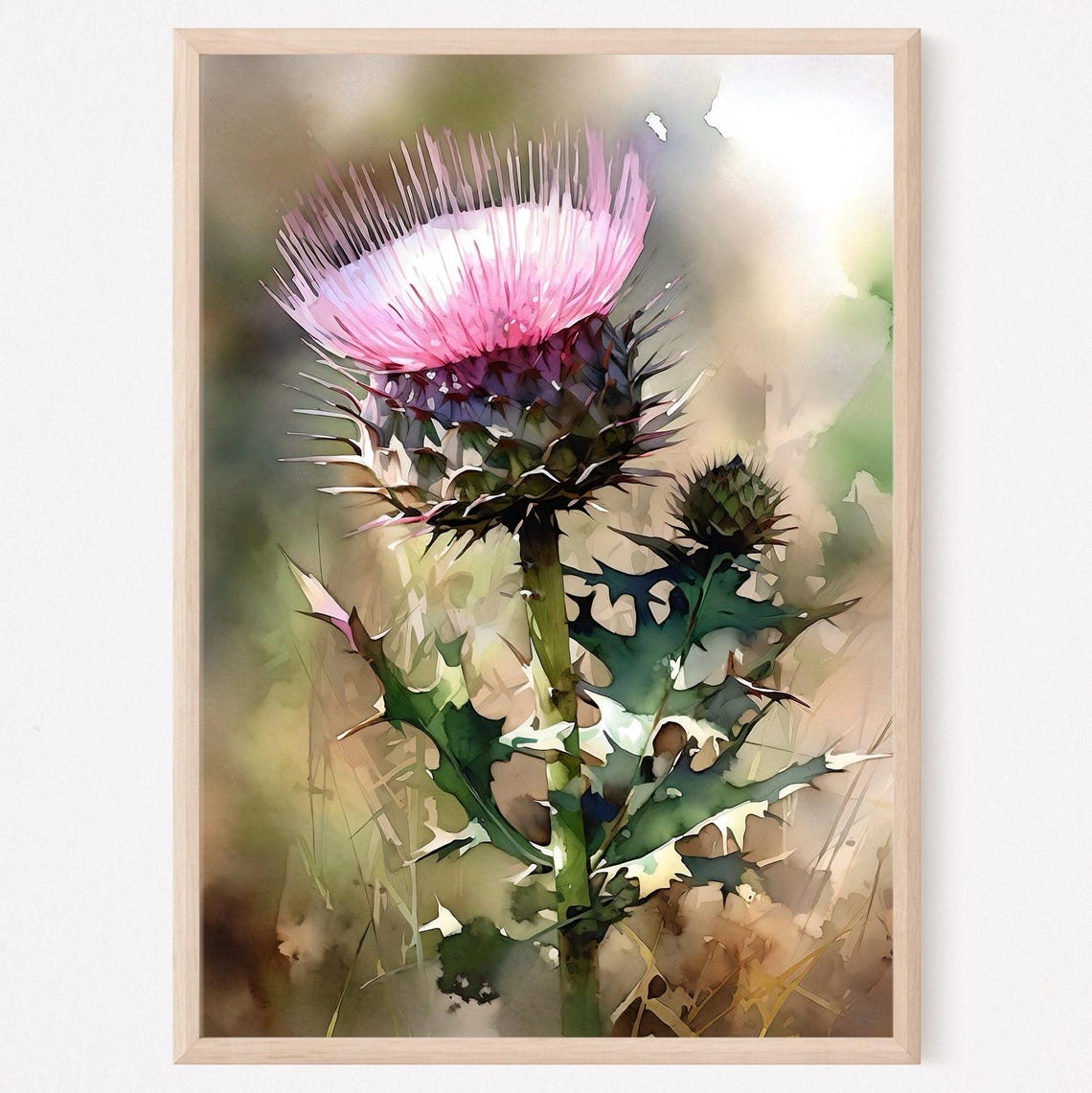 Close Up Pink Thistle Watercolor Botanical Floral Art Poster