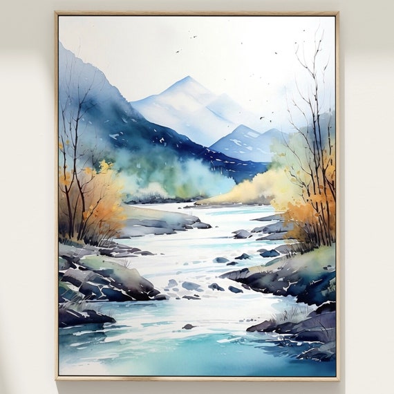 Rocky Mountains Painting Misty Forest Art Print From Original Watercolor Mountain River Landscape Pine Trees Wall Art