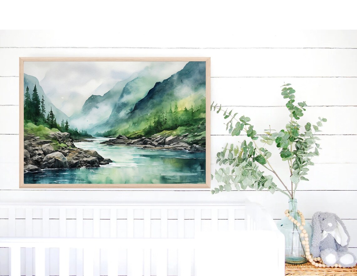 Mountain River Watercolor Print, Misty Forest Landscape - Image 2