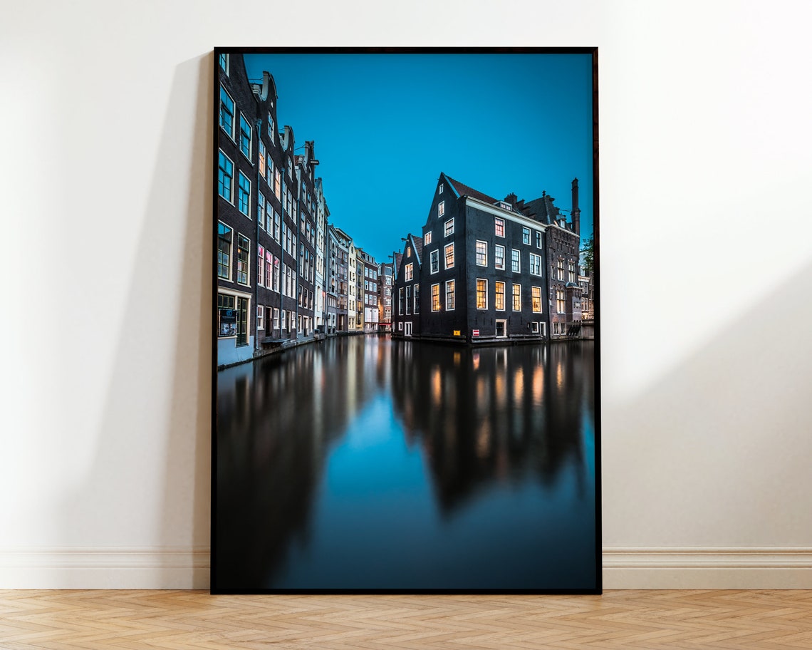 Amsterdam Canal Reflections Night Blue Hour City Photography Poster