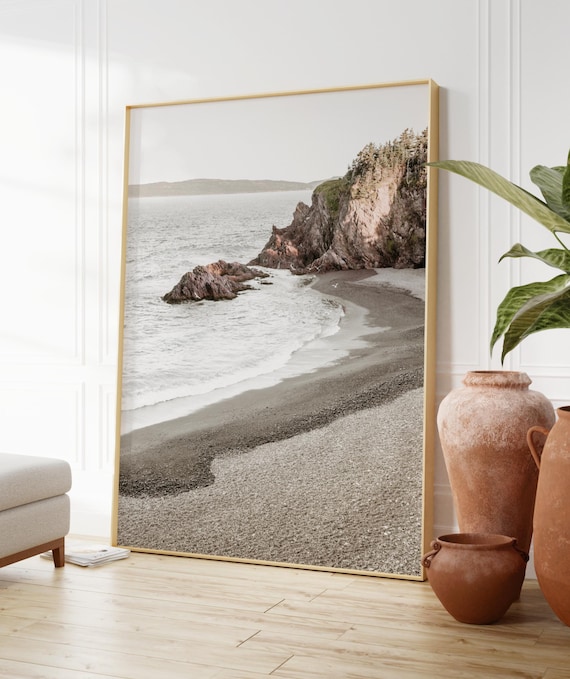 Rocky Coastal Cliffs Pebbled Shore Neutral Beach Nature Photo Poster Art