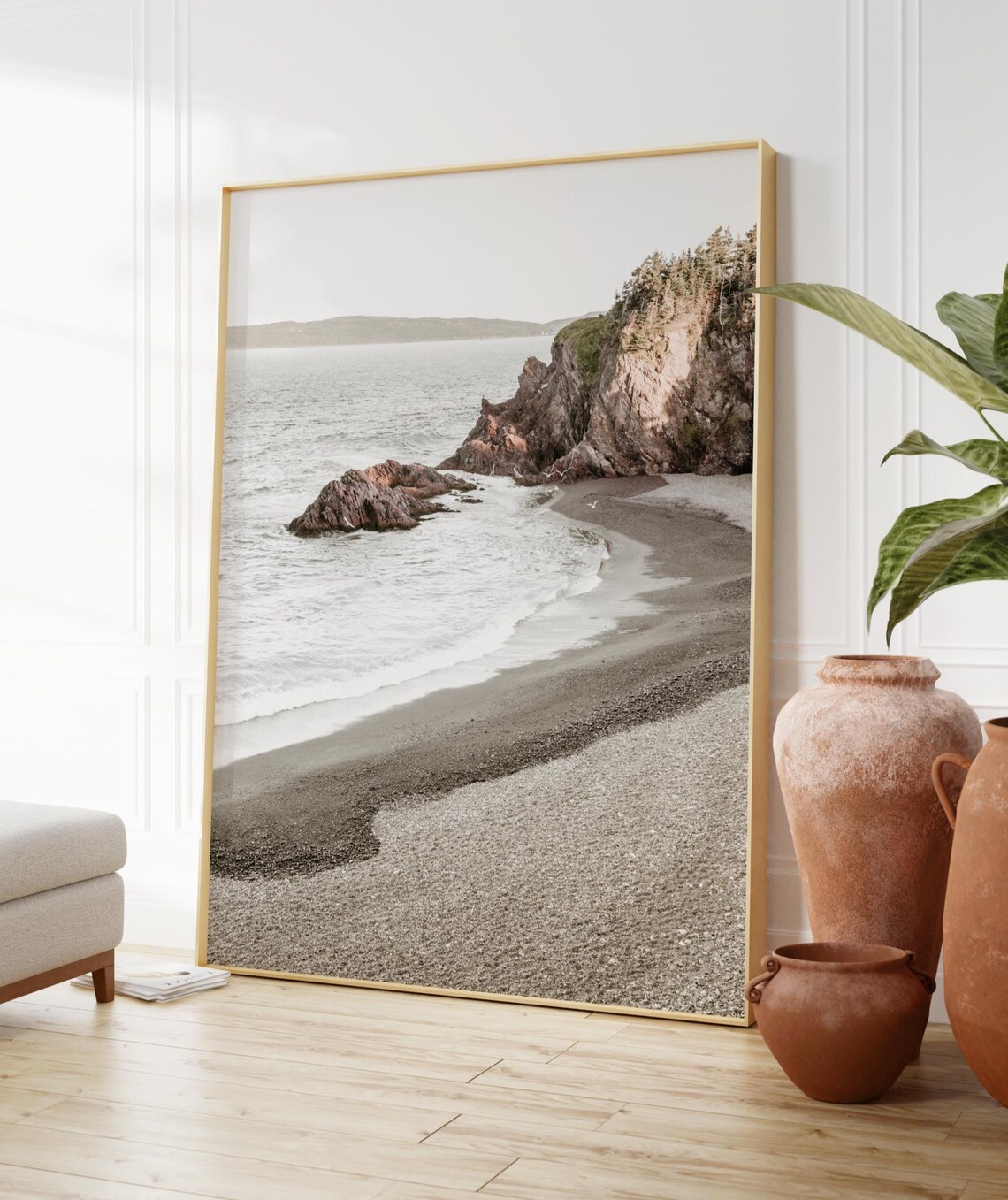 Rocky Coastal Cliffs Pebbled Shore Neutral Beach Nature Photo Poster Art