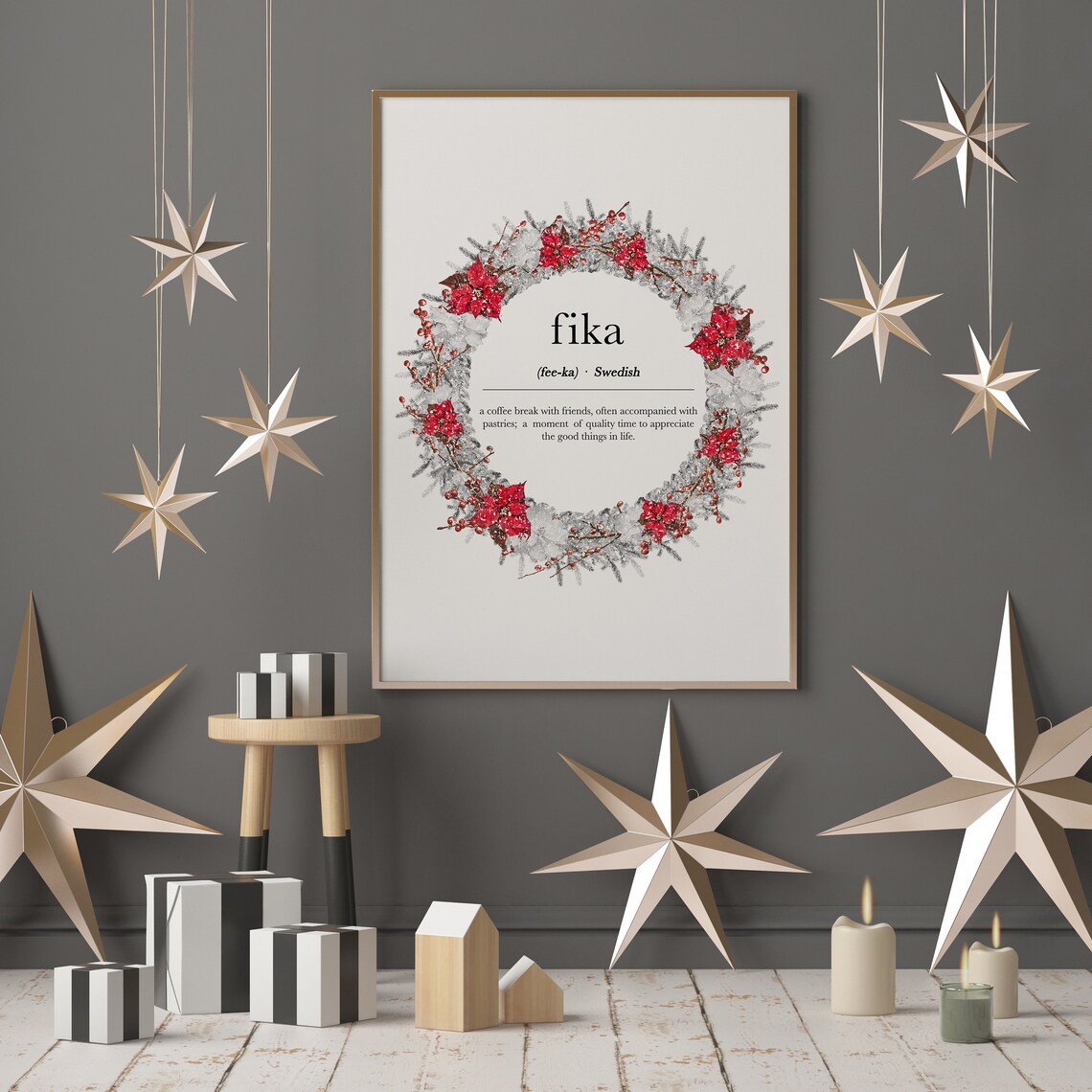 Christmas Fika Definition Art Print Red Berry Wreath Swedish Wall Decor