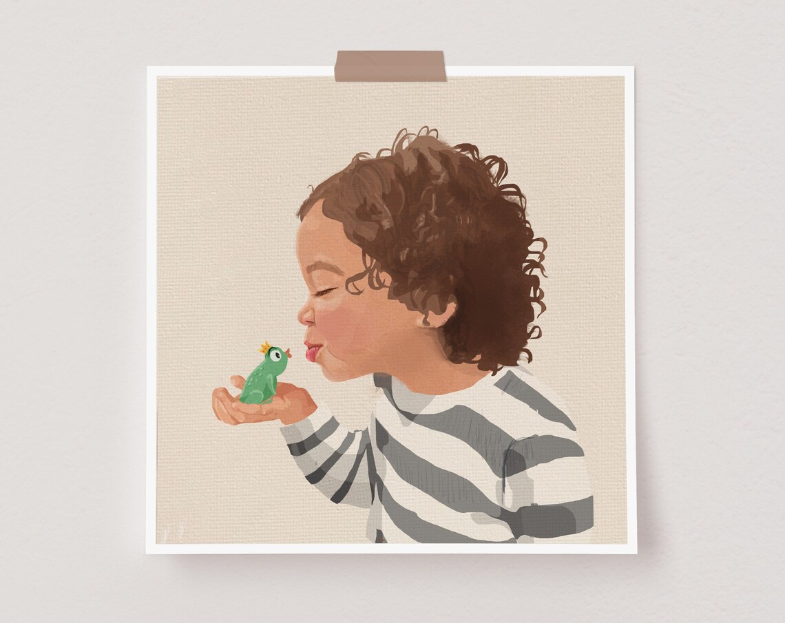 Child About to Kiss a Tiny Crowned Toy Frog Whimsical Poster