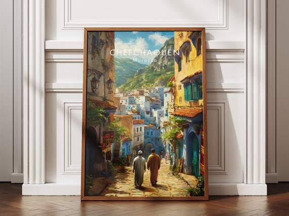 Chefchaouen Morocco Blue City Street Mountain Old Town Travel Poster