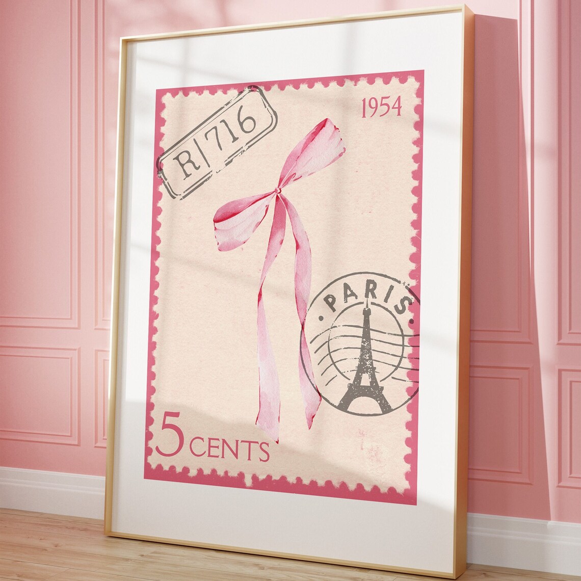 Vintage Paris 1954 Postage Stamp Design With Pink Bow Poster - Image 3