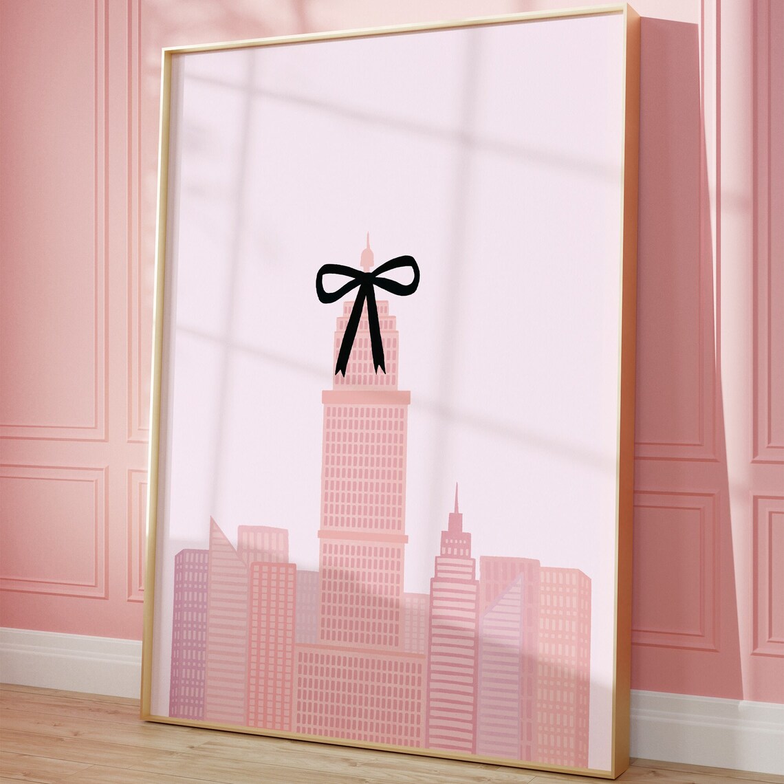 Pink New York Skyline Black Bow Coquette Balletcore Art Poster