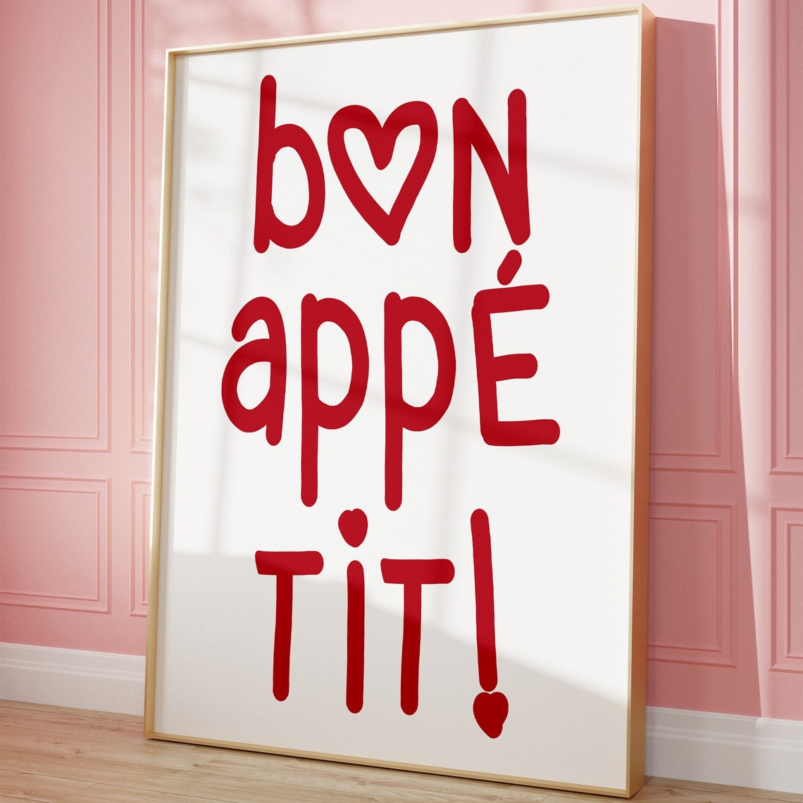 Bon Appetit Red Heart Typography Playful French Kitchen Decor Print - Image 3