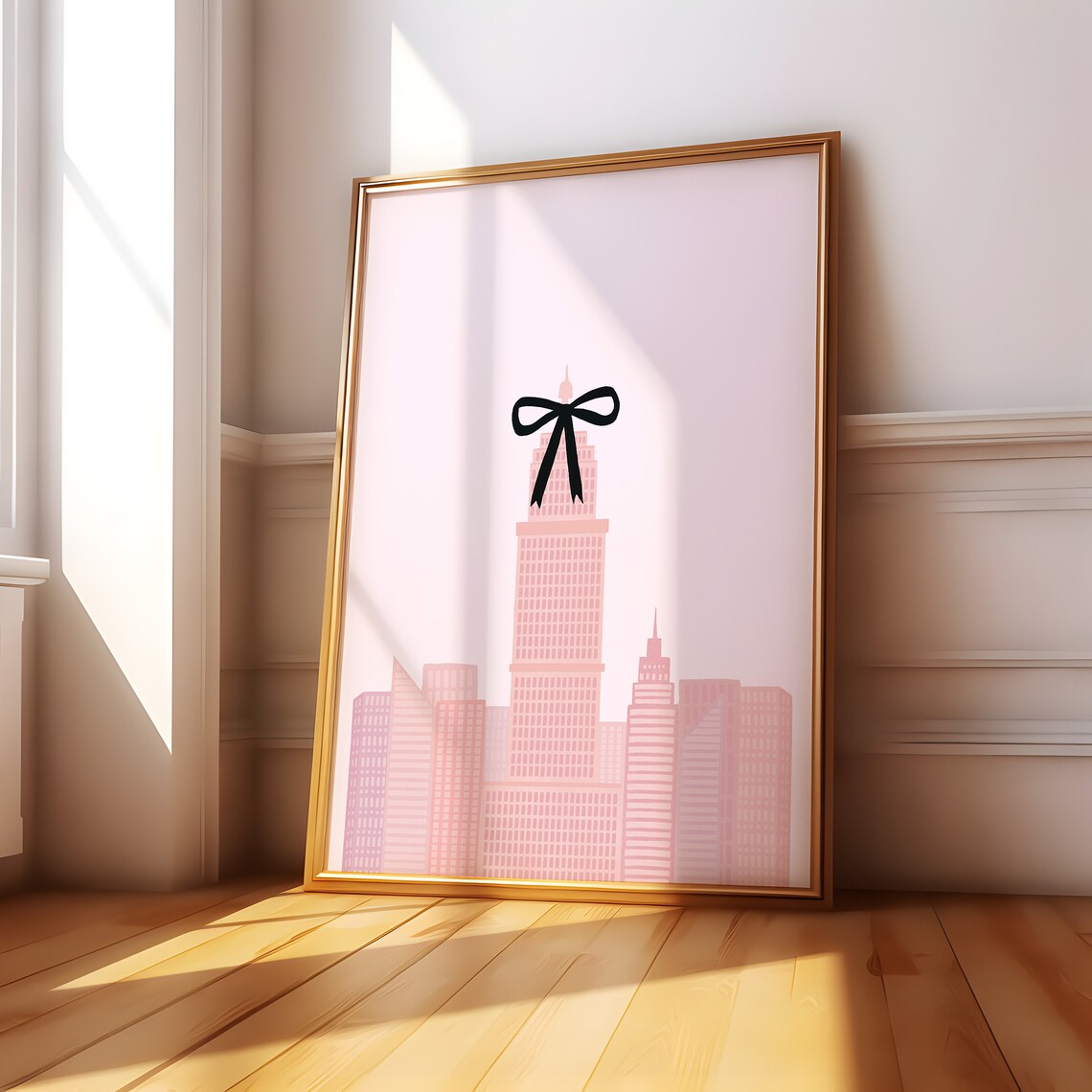 Pink New York Skyline Black Bow Coquette Balletcore Art Poster - Image 2