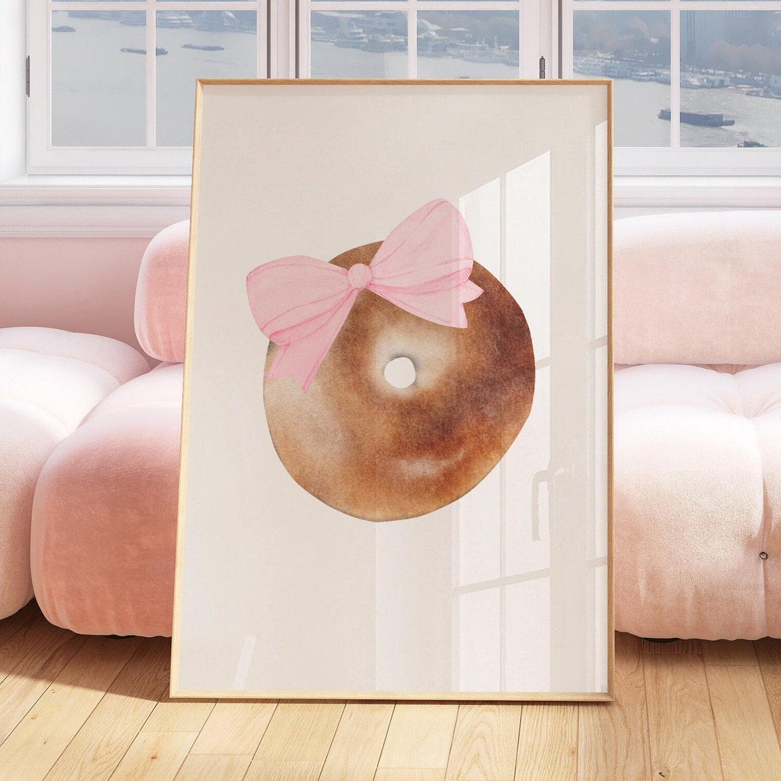 Watercolor Bagel with Pink Bow Coquette Kitchen Wall Decor Poster - Image 2