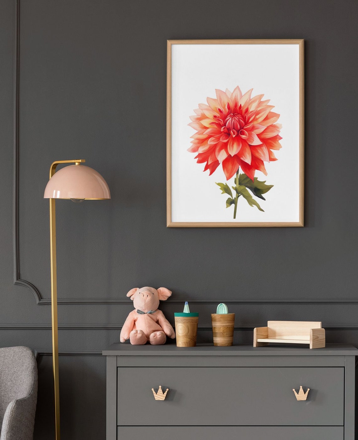 Crimson Red Dahlia Peach Highlight Watercolour Botanical Art Poster - Image 9
