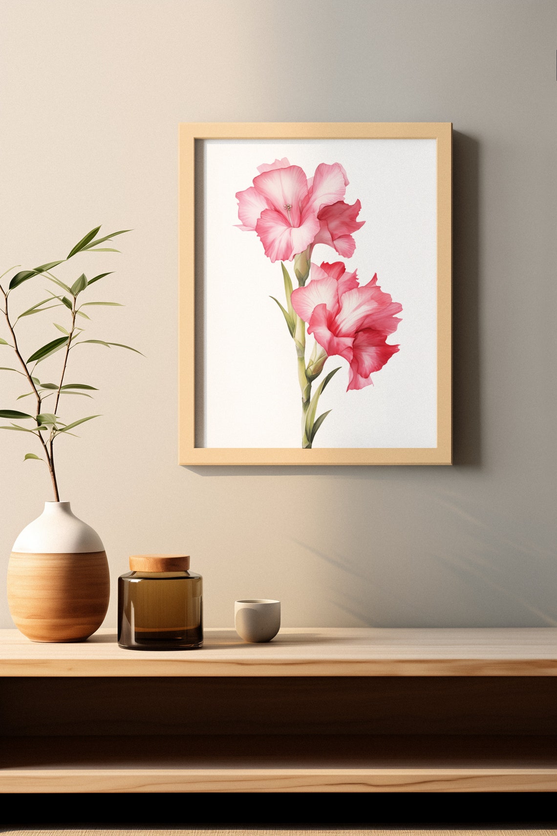 Pink Gladiolus Twin Blooms Watercolour Botanical Flower Poster - Image 2