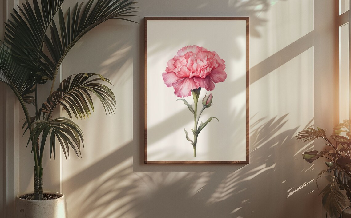 Pink Carnation and Bud Sweet Watercolour Botanical Flower Poster - Image 5