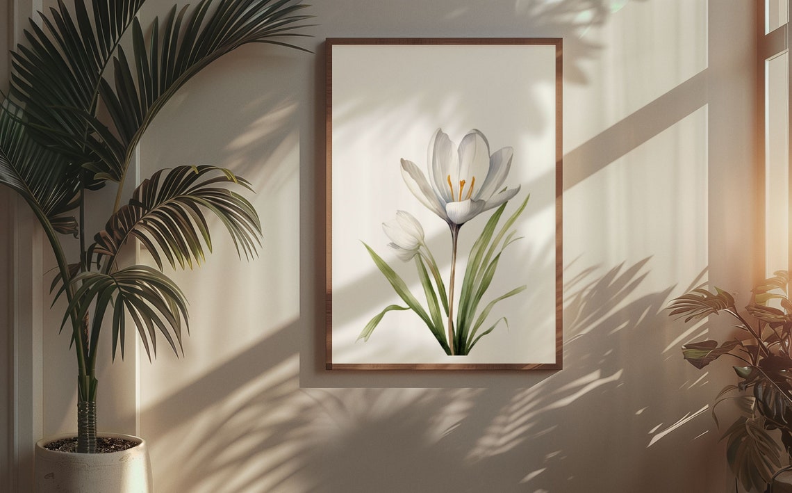 White Crocus Bloom With Bud Tender Serene Watercolor Art Poster - Image 5