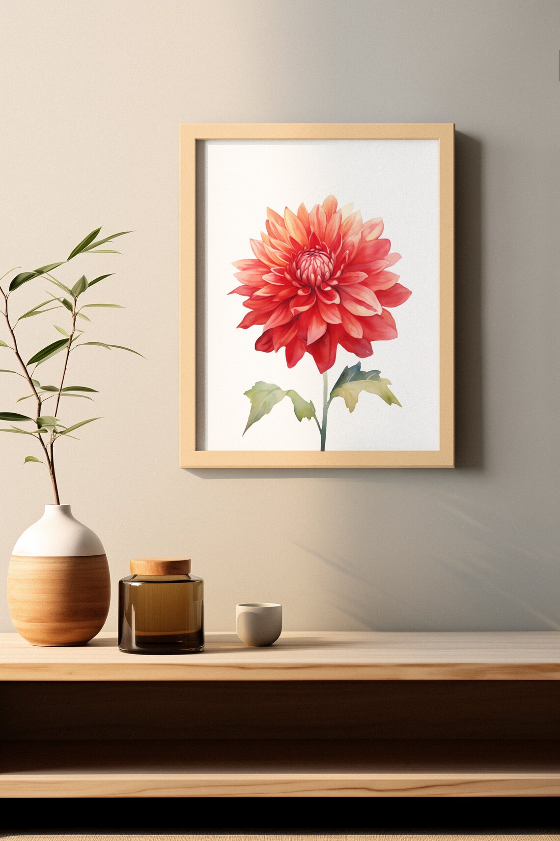 Bright Flame Dahlia Red Orange Watercolour Botanical Art Poster - Image 2