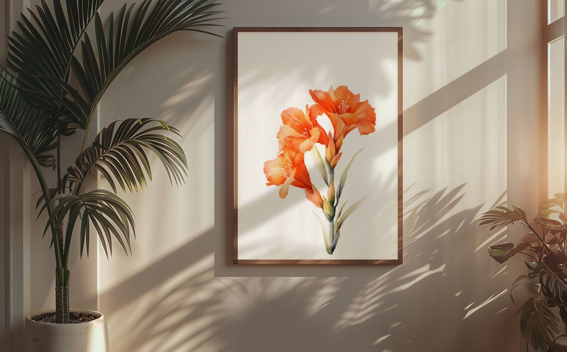 Orange Gladiolus Spike Vibrant Watercolor Floral Botanical Poster - Image 5