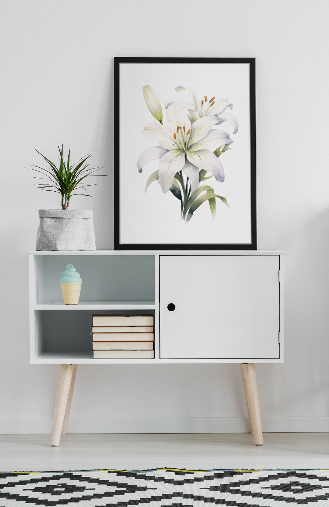 White Lily Blossoms With Buds Serene Peaceful Watercolor Art Poster - Image 9