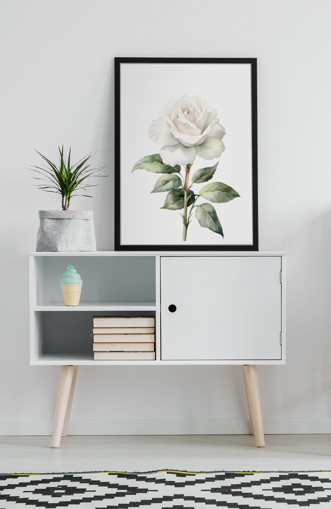 Single White Rose Timeless Watercolor Botanical Flower Art Poster - Image 4