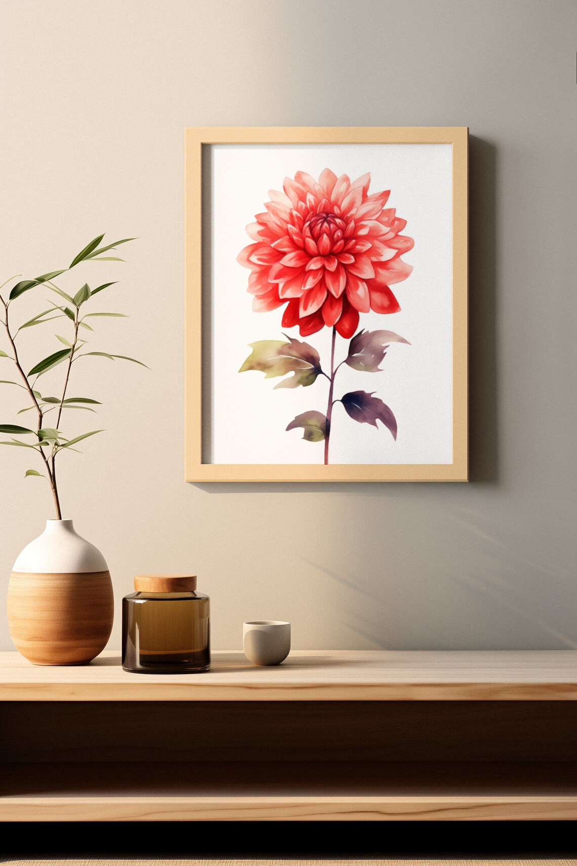 Glowing Coral Red Dahlia Bloom Watercolour Botanical Art Poster - Image 2